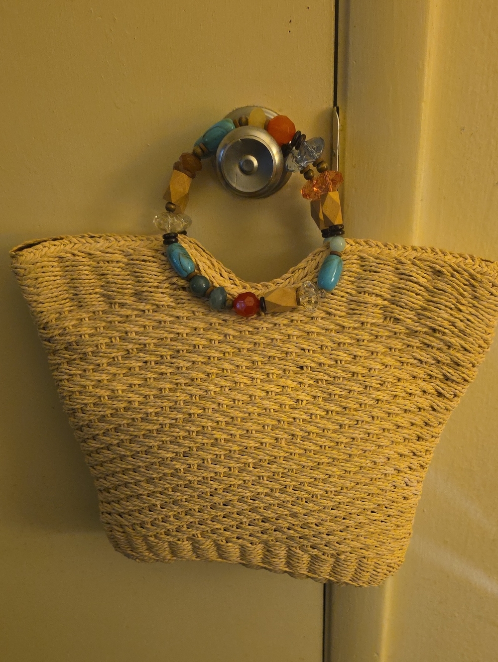 Patricia Nash Natural Straw Tote with Turquoise and Orange Beaded Handle